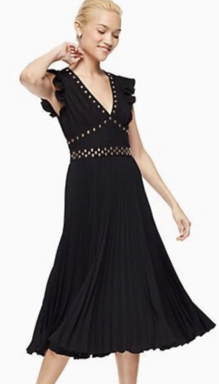Abito nero Kate Spade borchie crepe taglia 6 VENDITA AL DETTAGLIO $248