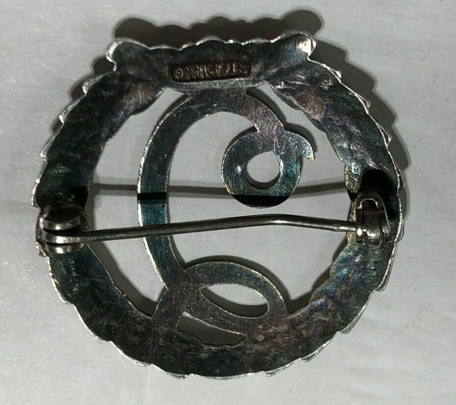'C' Initial Lettered Leaf Circle Pin Brooch Sterl… - image 4