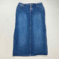 Vintage Denim Midi Skirt Size 10 31" Medium Wash Button Fly Side Slits Y2K