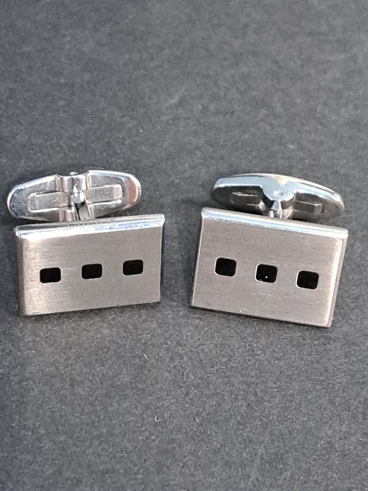 Sliver Tone Cufflinks Rectangular With 3 Black Sq… - image 1