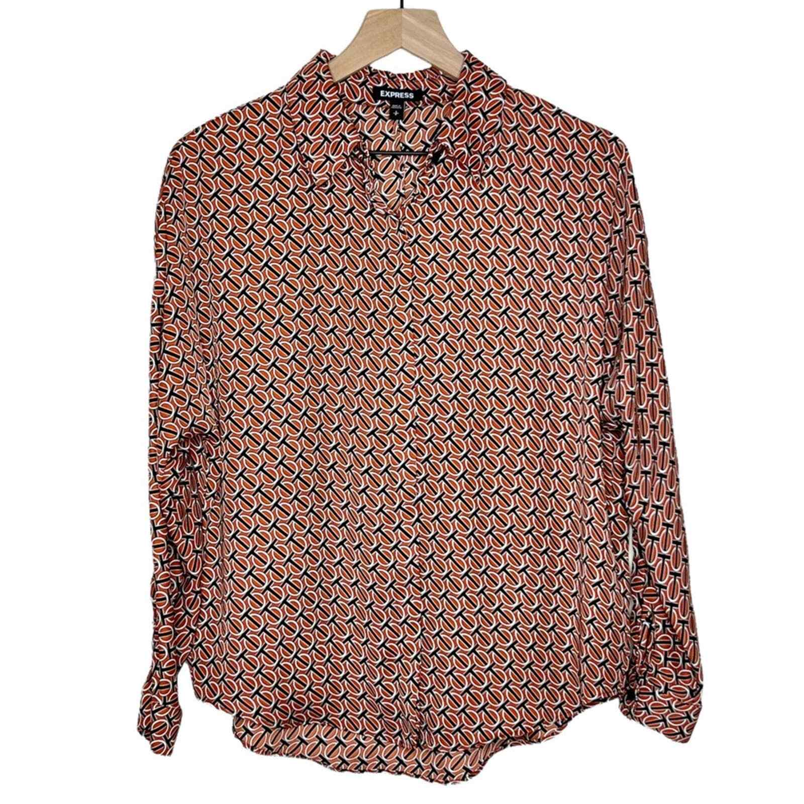 Express Orange Black Button Up Collared Geometric… - image 2