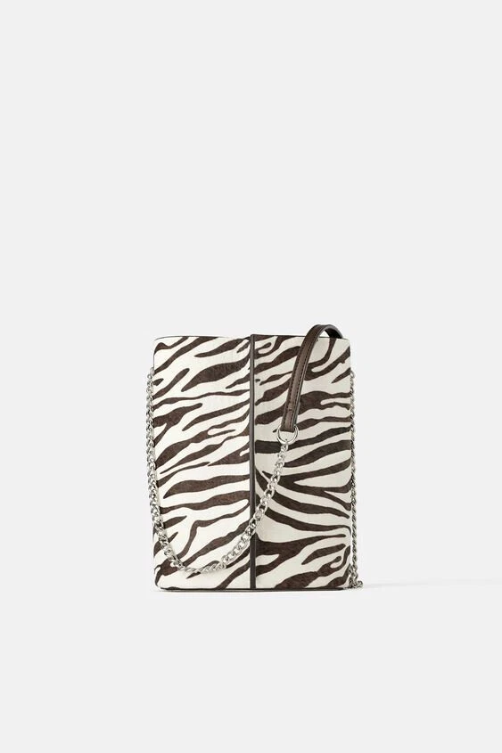 NWT Zara Size Zebra Animal Print Leather Crossbody Bucket Bag 2010/004
