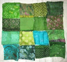 BBI LOT PURE SILK Antique Vintage Sari Fabrics REMNANT 24 pcs 8" SQUARES Green