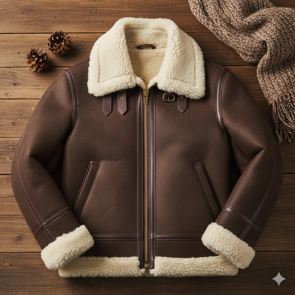 New Men's Genuine Sheepskin Shearling Jacket | Brown Leather Winter Warm Bomber