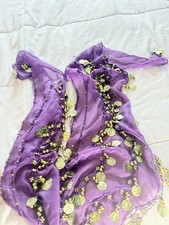 Women  s Purple Sheer Belly Dance Hip Scarf Belt w/ Gold-Tone Coins  Fringe