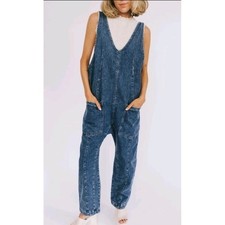 We The Free Free People High Roller Denim Harem Jumpsuit Acid Wash Blue XS