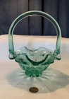 Vintage Fenton Green Ruffled Glass Basket With Applied Handle 7" Tall