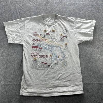 Vintage Georgian Bay Shirt Mens Large Gray Lighthouse Map Souvenir Graphic 90s
