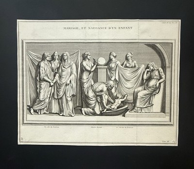 Antiker neoklassizistischer Gravur 18. Jahrhundert - römisches Relief von Hochzeit & Geburt