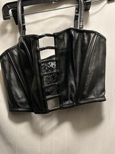 Victoria's Secret Black Faux Leather Lace Corset Top Boned Adjustable Strap ZipL