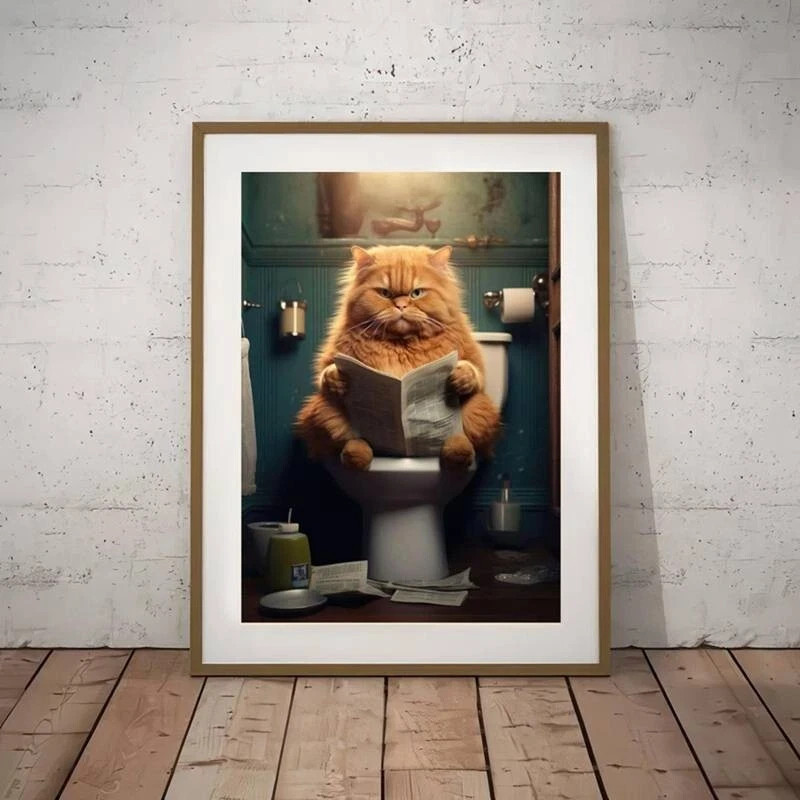 A4 Printed Painting GRUMPY Ginger CAT Reading Paper on LOO Toilet ...