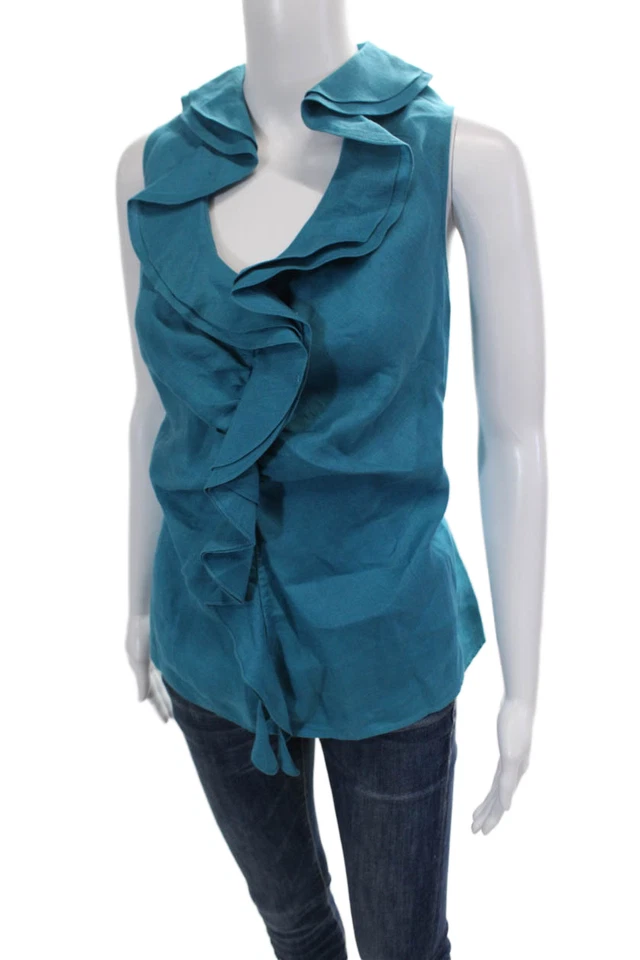 Blusa sin mangas azul Lafayette 148 New York para mujer con detalle de volantes de lino talla 14 Foto 2 de 4
