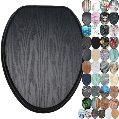 SANILO Wooden Toilet Seat with Soft Close ELONGATED - Decorative, Quiet  Slow...