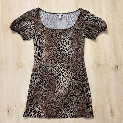 Vintage Cache Dress Womens Medium Brown Leopard Print Scoop Puff Sleeve Bodycon