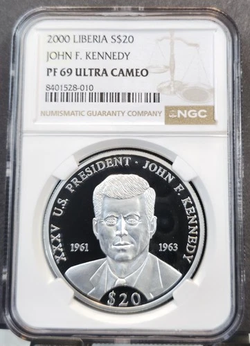 2000 LIBERIA SILVER 20 DOLLARS JOHN F KENNEDY NGC PF 69 ULTRA CAMEO RARE TOP POP