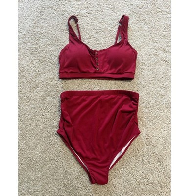 Burgundy Ribbed High Waisted Bikini Set Womens Small Red Button Front Bralette
