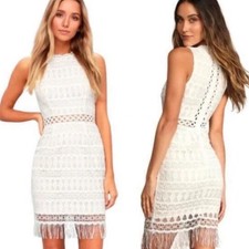 Lulus Womens White Lace Fringe Sleeveless Mini Dress Size S Boho Bridal Party