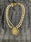 Vintage signed Miriam Haskell Double Strand faux Pearl Necklace goldtone  Flower