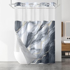 No Hook Shower Curtain with Snap in Liner Set, Black Grey Marble Design, Wate...