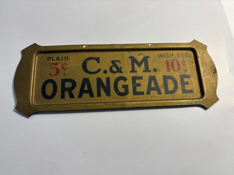 HIGHLY COLLECTIBLE C. & M. ORANGEADE METAL SIGN/TRAY c. 1940’s
