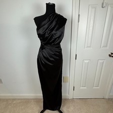 Petal & Pup Black Satin One Shoulder Maxi Dress Ruched Slit US 2