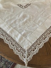 FAB Antique Hand Made Linen & Lace Tablecloth 92" Victorian Whitework Embroidery