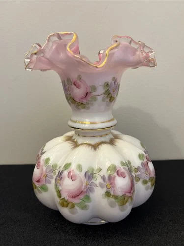 Vintage Fenton AWCO Charleton Roses Peach Crest Melon Vase