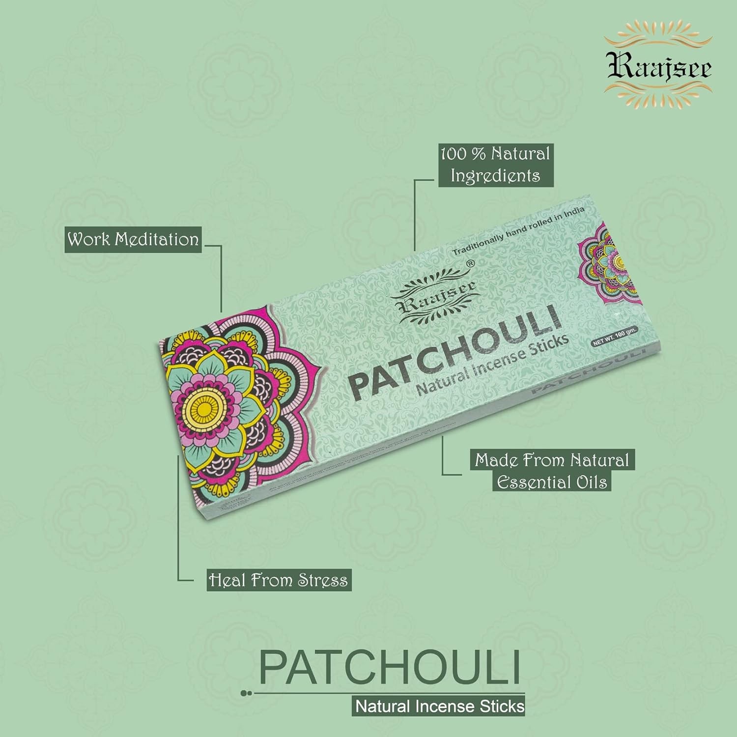 Raajsee Patchouli Incense Sticks 100 gm Pack-100% Pure Organic 