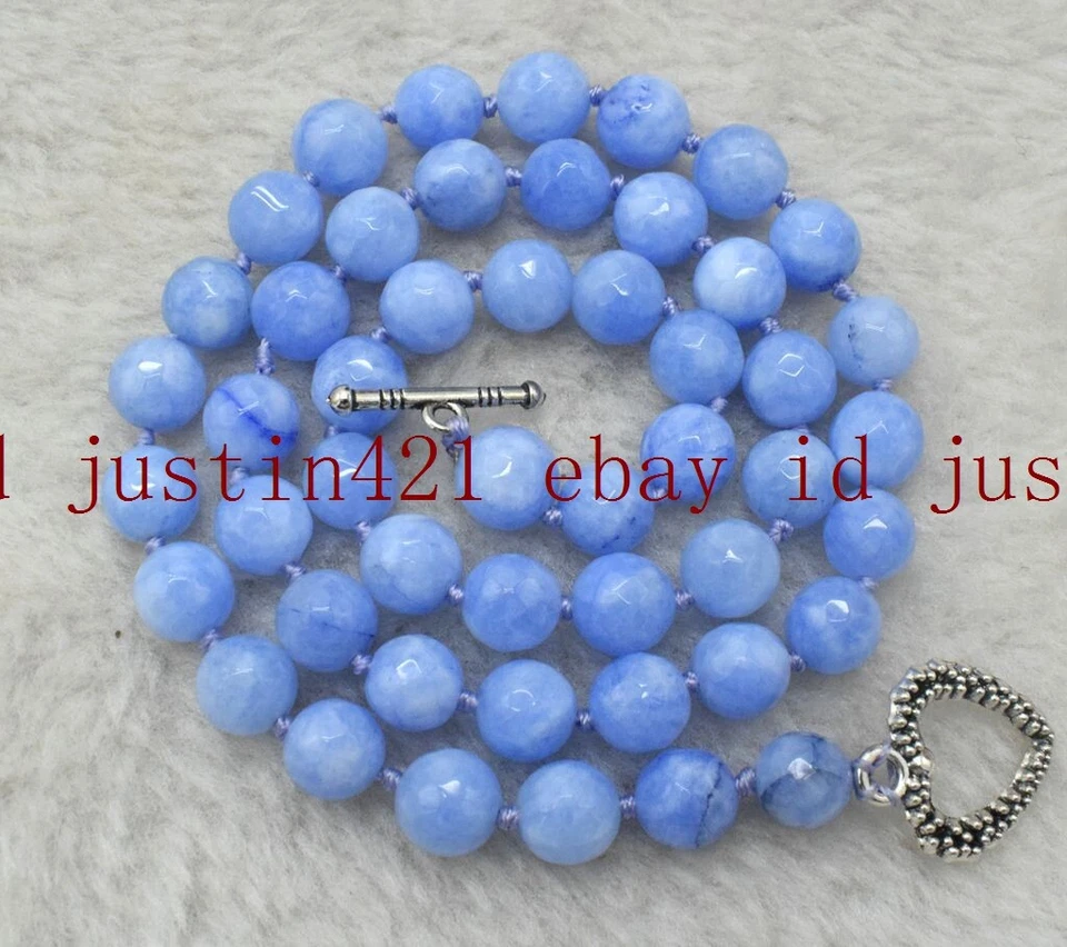 Fashion 8mm Faceted Aquamarine Round Gemstone Necklace 18'' Tibetan Silver Clasp - Image 4 of 4