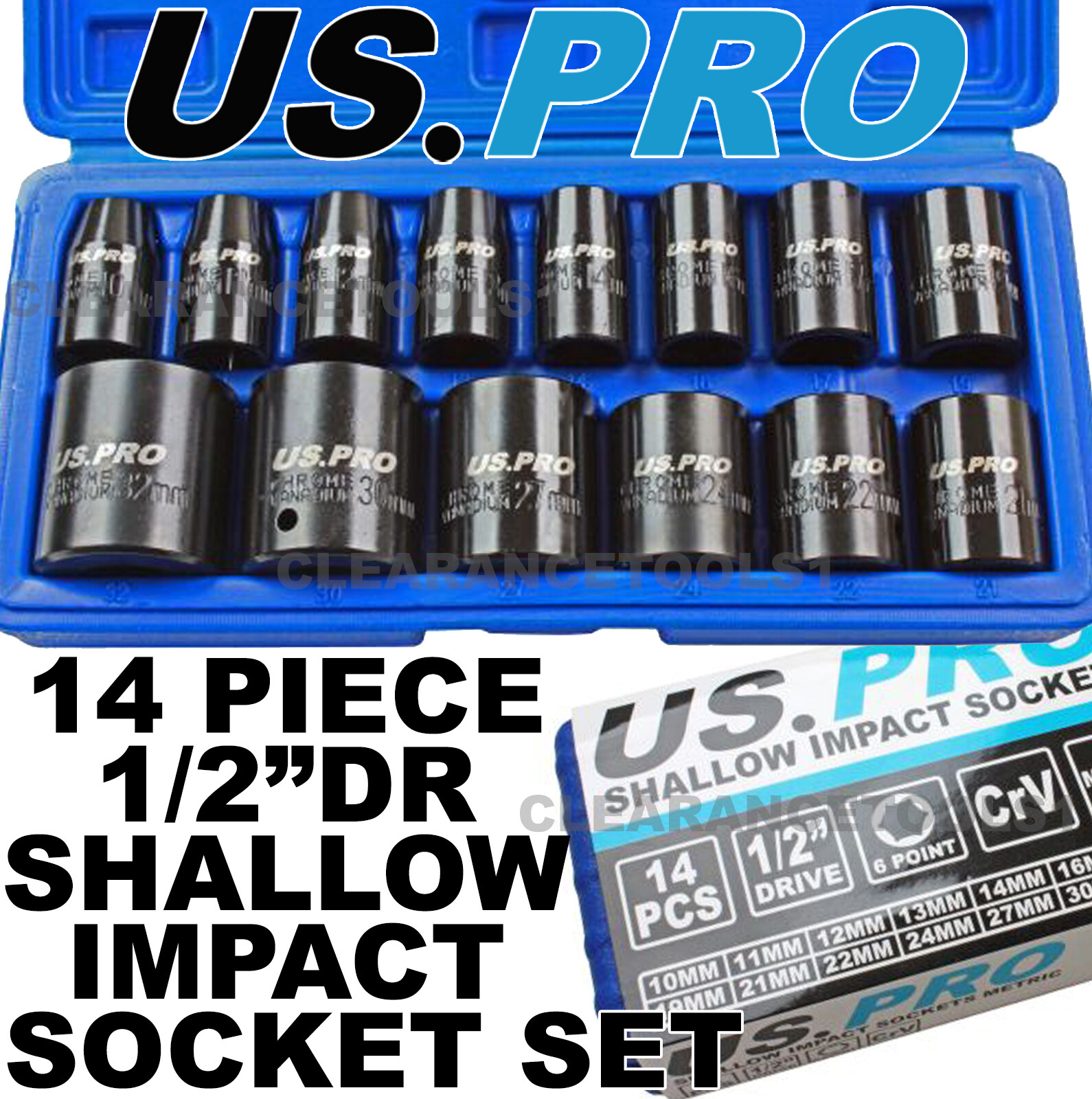 US PRO 14pc 1/2dr Shallow Metric Impact Sockets 10 - 32mm 1679 Stubby Impact Set