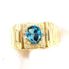 London Blue Topaz Oval With 925 Silver Sterling Gold Plated Ring For Men's #B257