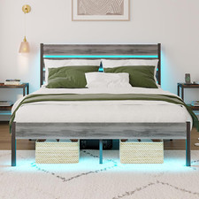 Full Size Bed Frame with Charging Station, LED Light Metal Bed Frame with Wooden
