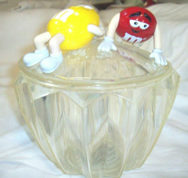 Rare Vintage M&M's Hard Plastic Candy Dish Bowl with Lid Red and Yellow