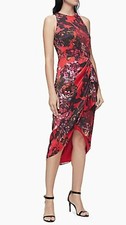 NWT Womens Calvin Klein Floral Sleeveless A Line Faux Wrap Dress Red Black 8