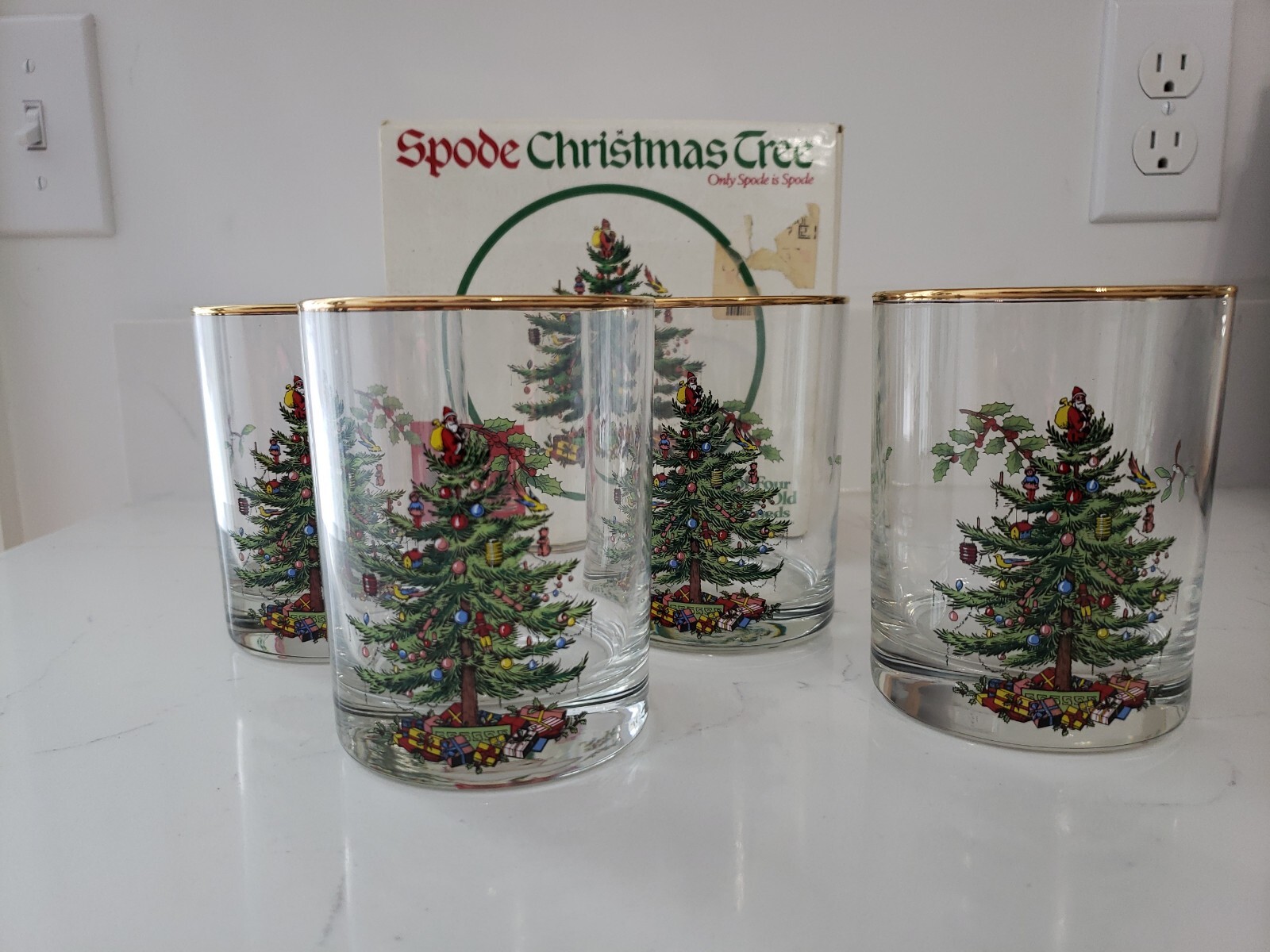 Vintage Set of 4 Spode Christmas Tree Double Old Fashioned Gold Rimmed