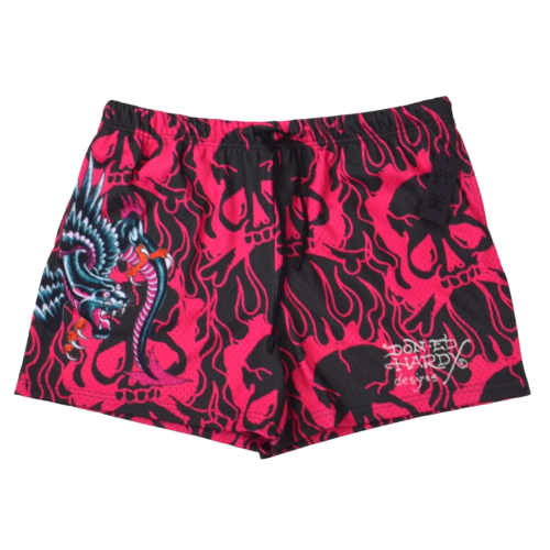 NUOVO Ed Hardy Mesh Christian Audigier Pantaloncini XL Rosa Nero Drago Tatuaggio - Foto 2 di 9