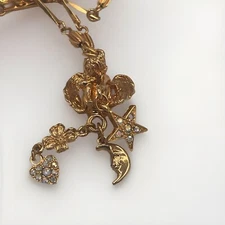 Kirks Folly Necklace 32” Cherub Angel Charm Pendant Bezel Crystal Moon Star Gold