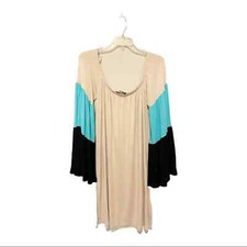 James & Joy Dress Women Small Beige Colorblock Off shoulder Wide Sleeve Bohemian