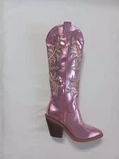ISNOM  Boots For Women Cowgirl Boots Size 8 Knee High Pink Metallic Embroidered