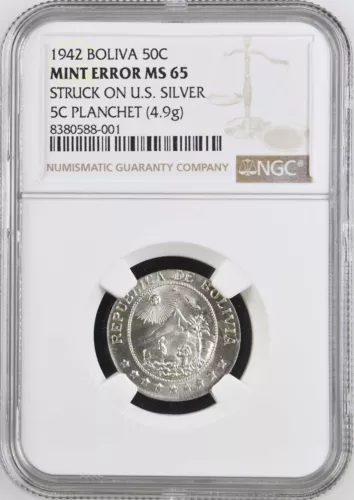 UNIQUE Bolivia 1942 50 Centavos on U.S. Wartime Nickel Planchet 4.9g NGC MS 65