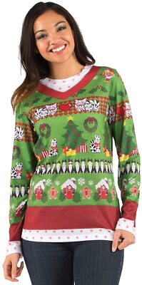 Faux Real Ugly Christmas Sweater Ladies Xmas Cats Holiday Shirt Costume F113254