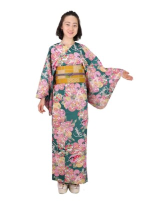 Collarless Kimono - Flowers in Bloom, Green Japanese Traditional Wear