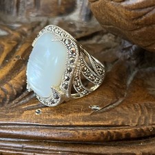 Designer Large Sterling Silver 925 Mother Of Pearl Marcasite Ring Sz 6