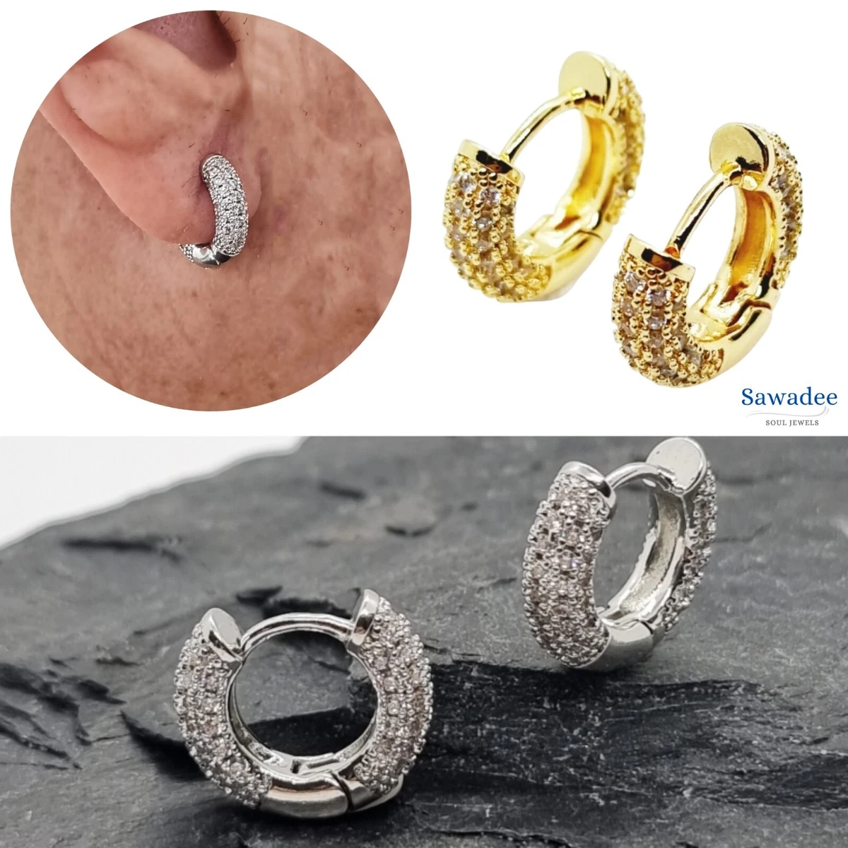 Orecchini A Cerchio Huggie Philip Jones – Placcati Argento Con Cristalli Zirconia Trasparenti