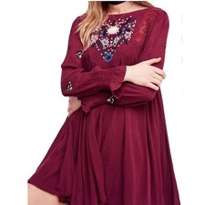 Free People Dress Long Sleeve Embroidered Open Back Maroon Boho Mini