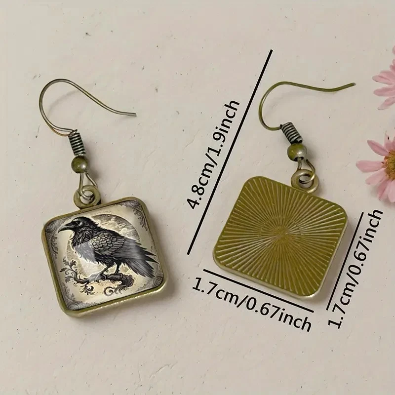 Raven Square Earrings Black Crow Art Print Silver Dangle Handmade Glass - Image 2 of 3