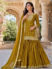 Women's Mustard Yellow Readymade GMY Silk Sharara Suit Heavy Embroidery Work