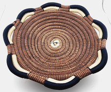 Handwoven Artisan Straw Basket   Brown Navy Beige Accents   Boho Storage Decor