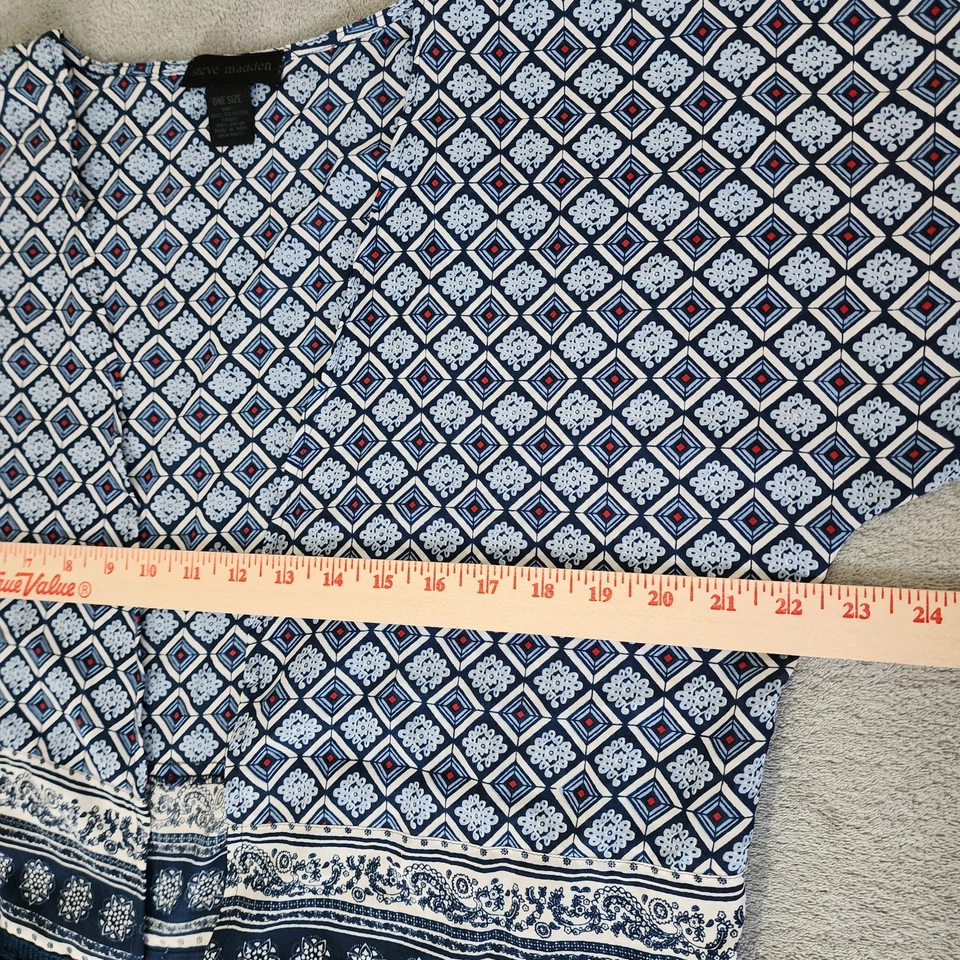 Steve Madden OSFM Ligero Abierto Patrón Geométrico Flecos Kimono Azul Blanco Foto 4 de 4