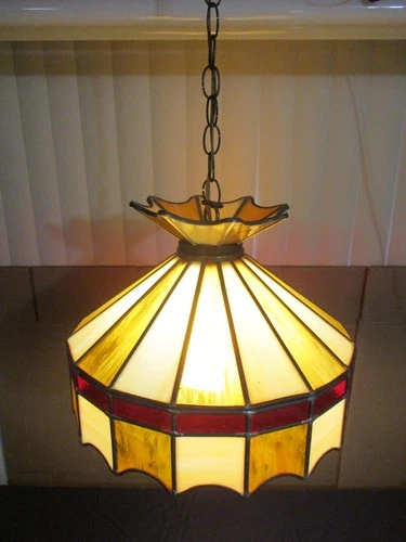 Vtg Art Nouveau Tiffany Style Leaded Slag Glass Hanging Swag Chain Ceiling Light